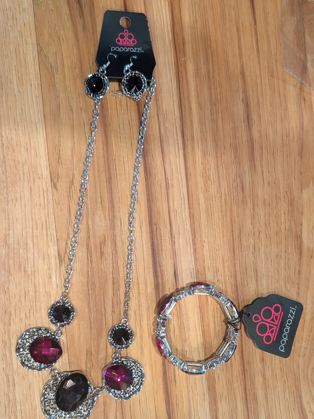 Paparazzi Silver-tone Pink & Purple Stone Necklace, Earrings and Bracelet Set